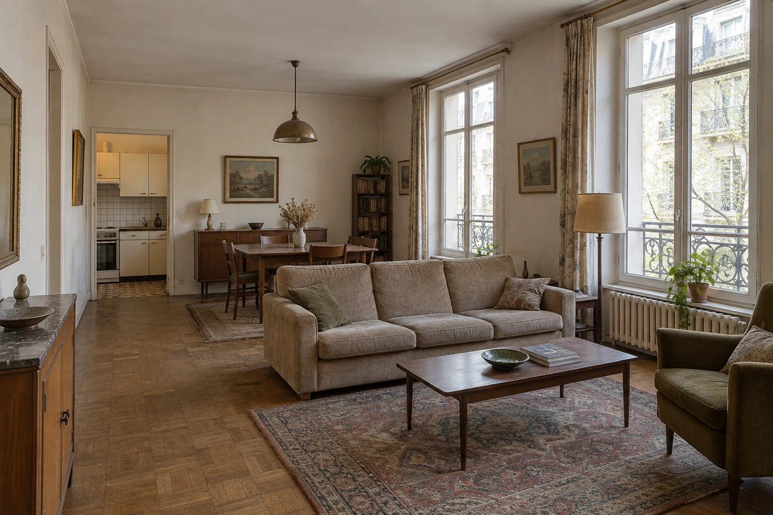 Departamento original, con parquet oscuro y cocina cerrada.