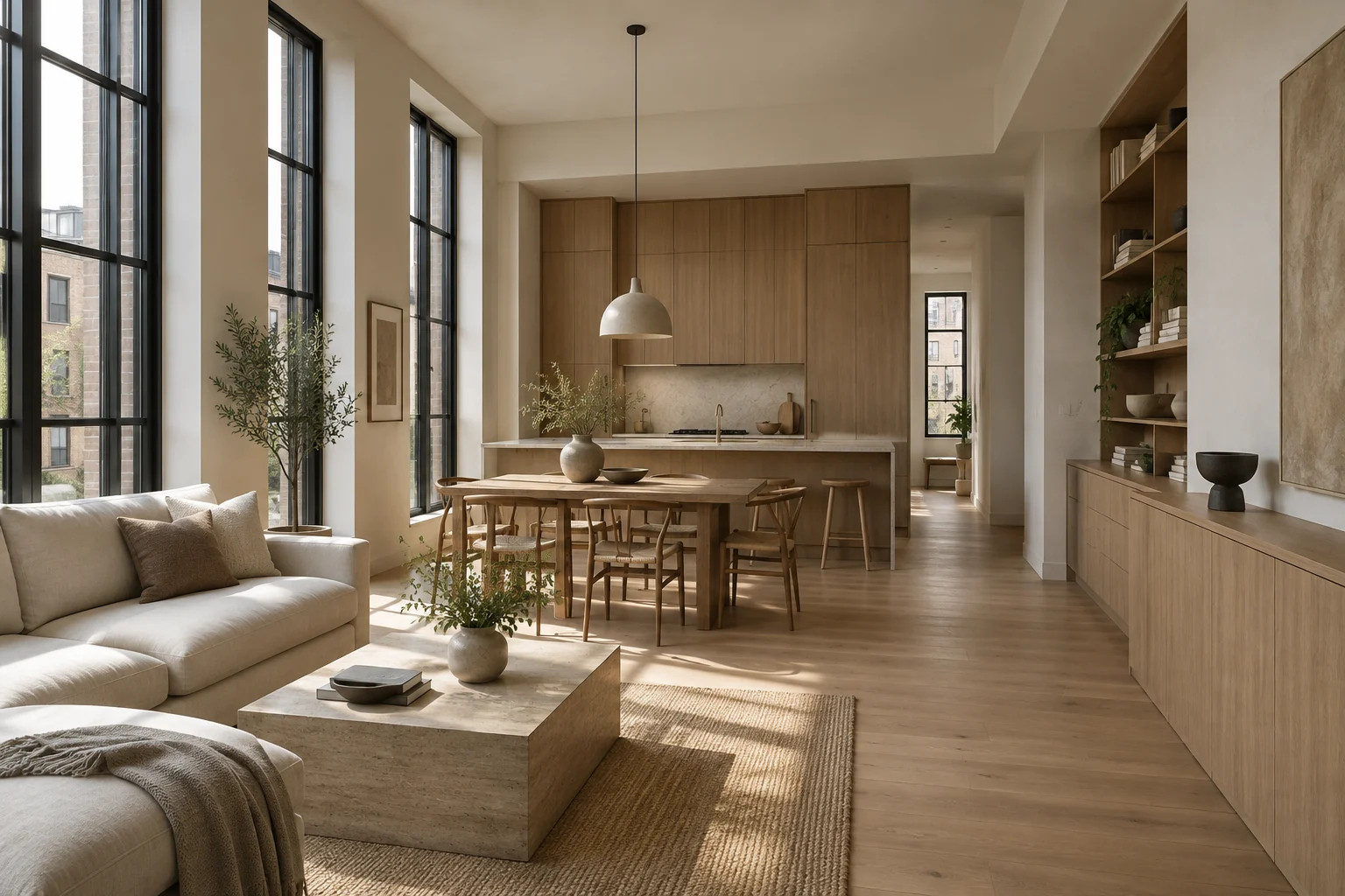 Estudio de un loft con carpintería continua, ventanas altas y madera natural.